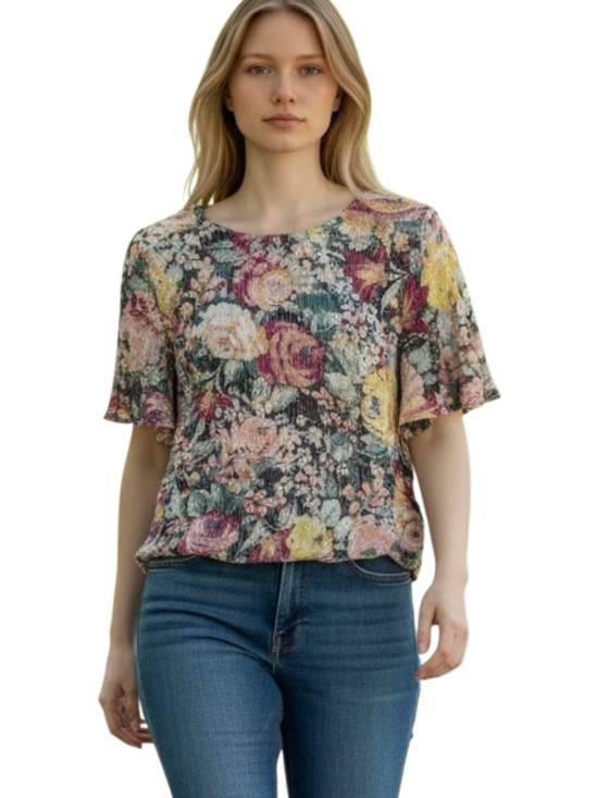 LC Lauren Conrad Tops - LC Lauren Conrad Floral Textured Short Sleeve Top - Pink, Yellow, Green